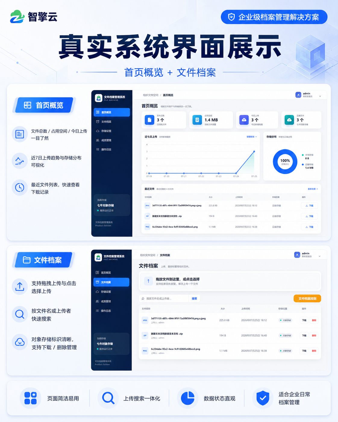 智擎云文件档案管理系统首页概览和文件档案真实界面